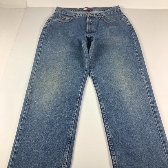 VTG Tommy Hilfiger Jeans Men's 30* Straight Leg Blue Faded Stained Denim Pants - Picture 1 of 16